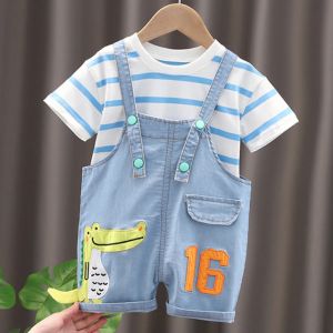 ERABICA Clothes for kids  LJW 2022 קריקטורה תינוק חליפות תינוק סט בגדי בני בנות חמוד קיץ מזדמן בגדי סט פסים למעלה + מכנסיים קצרים ילדים בגדים